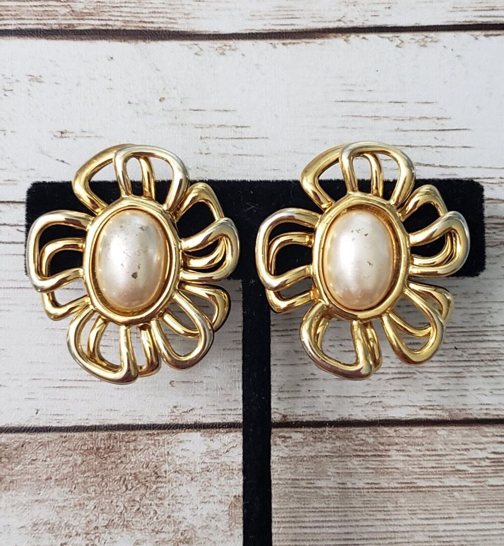 Vintage Napier Clip On Earrings Large 1.25" Gold Tone Oval with Faux Pearl